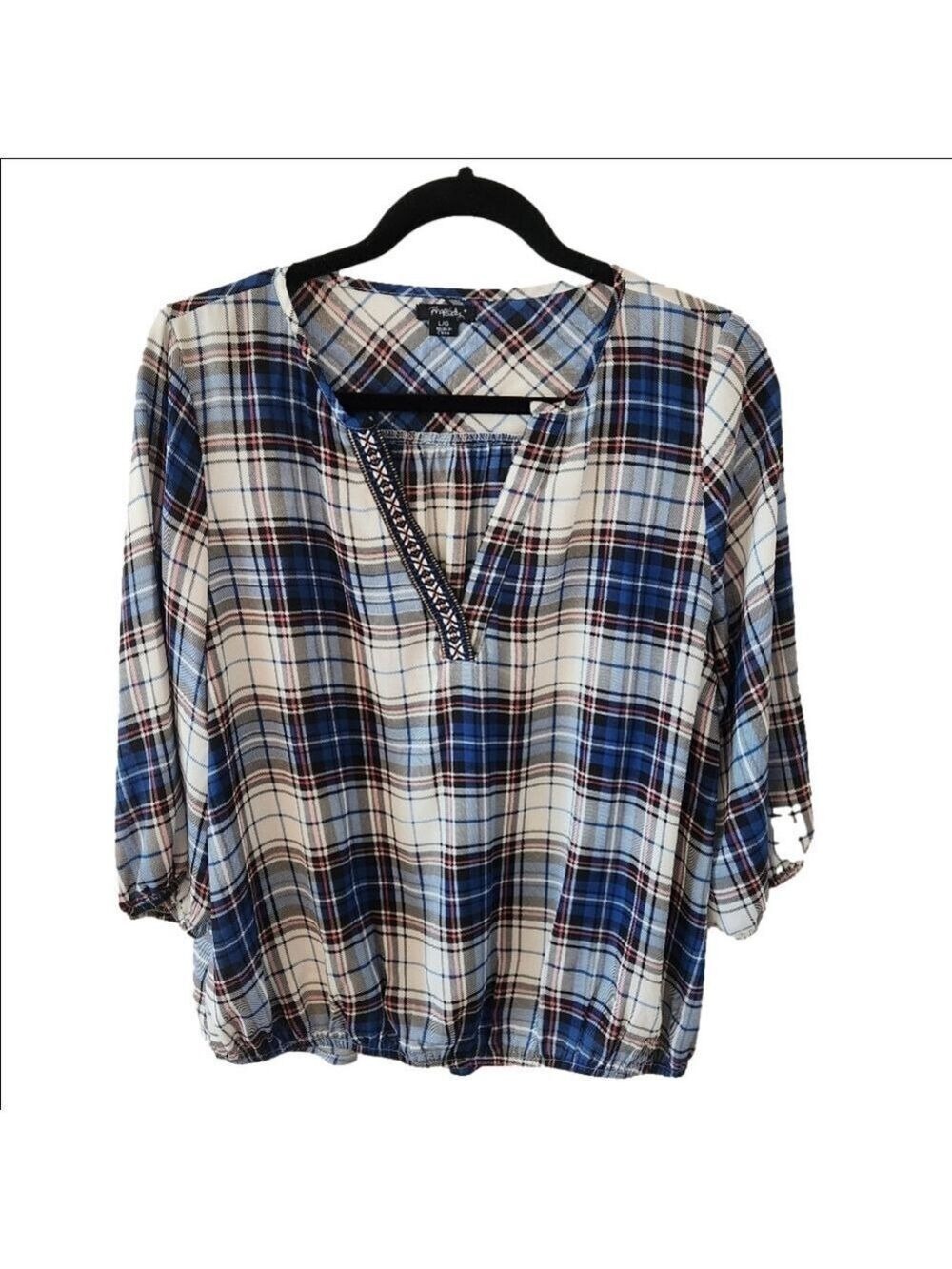 RHAPSODY PLAID BLOUSE WITH EMBROIDERY - SIZE LARGE - EUC